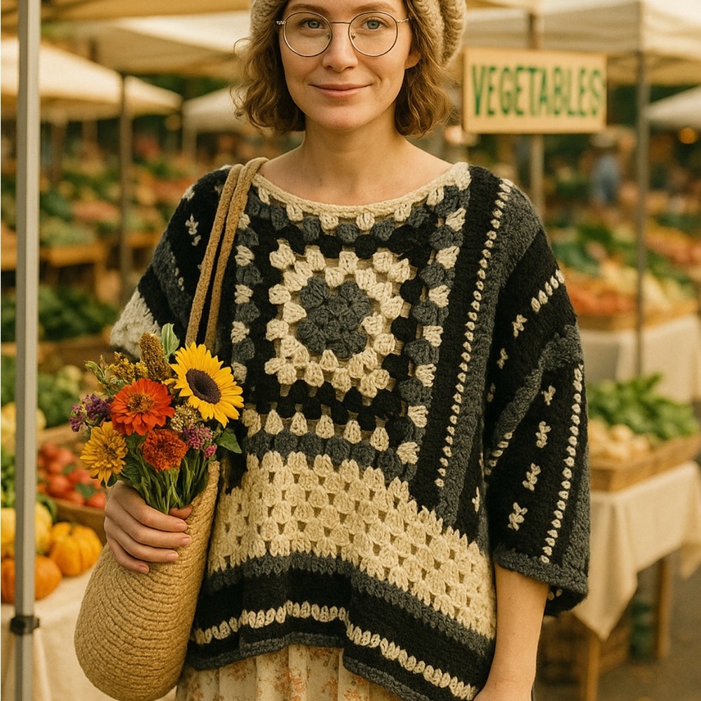 Black and Cream Crochet Poncho